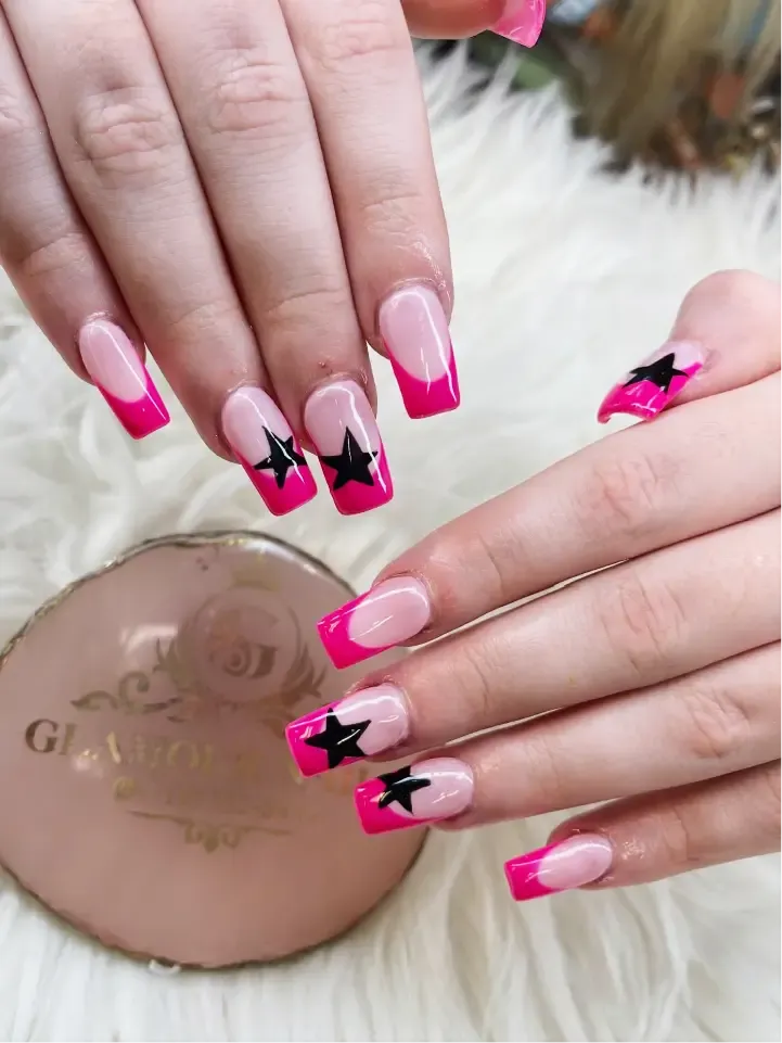 Hot pink French with black stars
