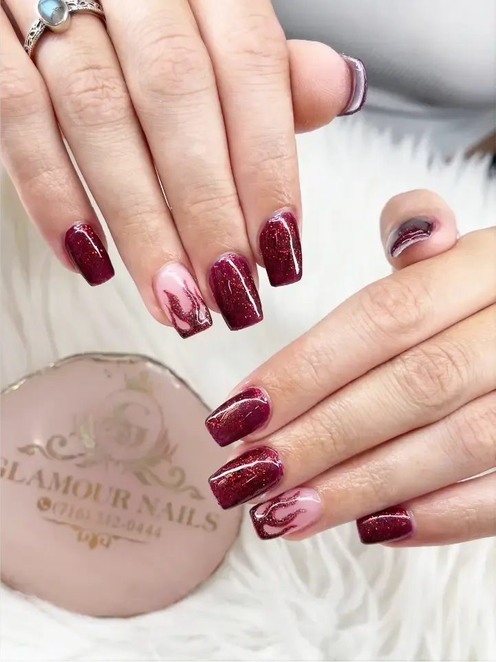 Burgundy glitter & flames