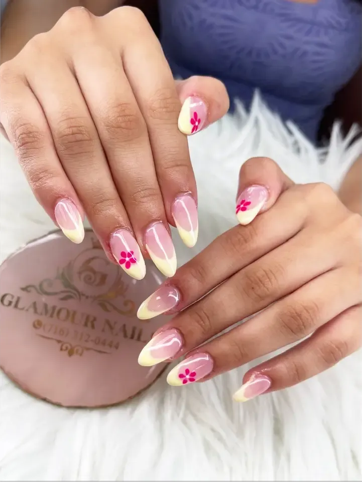 Lemon French with pink flowers