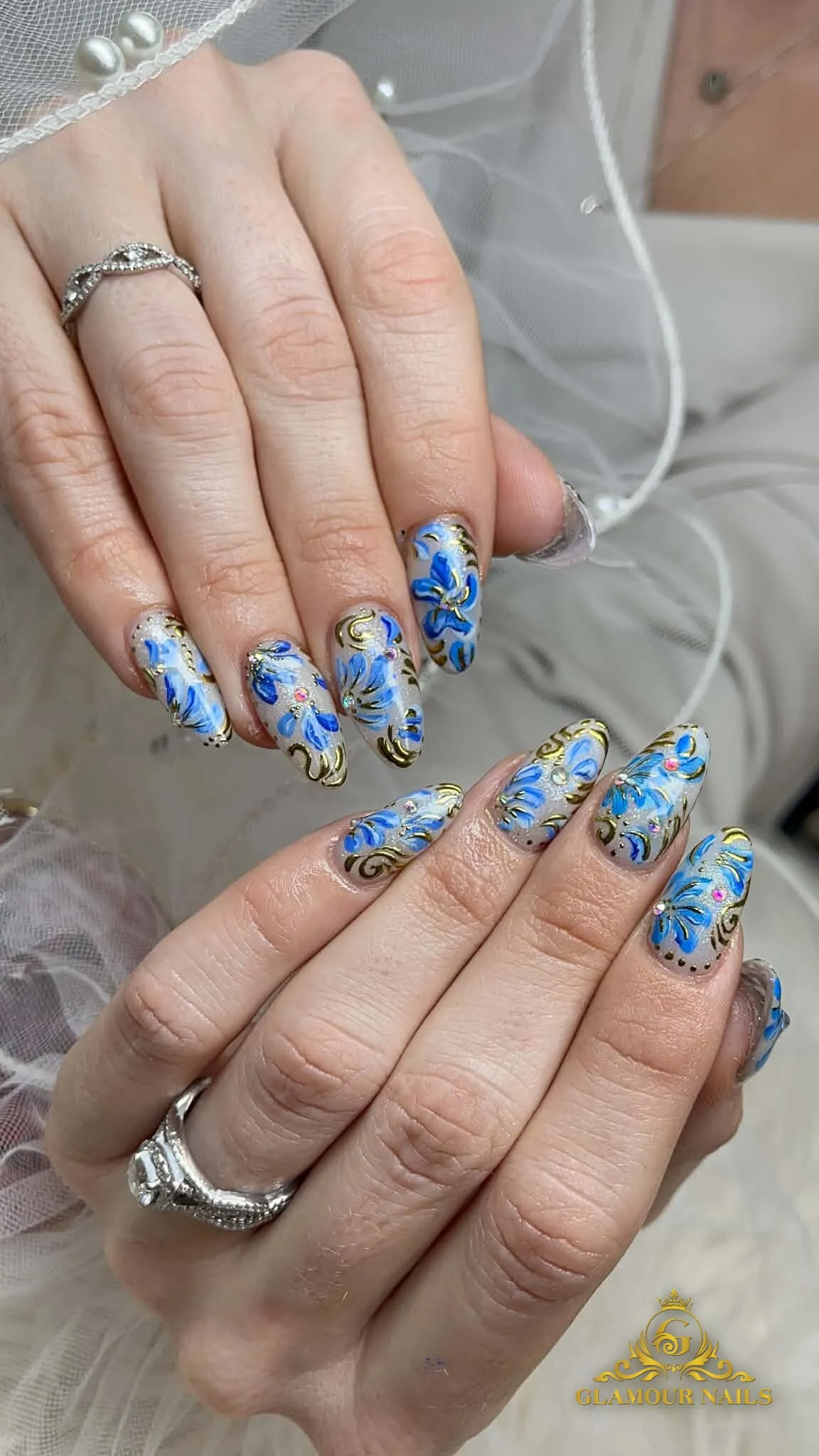 Hand-painted blue florals with gold accents