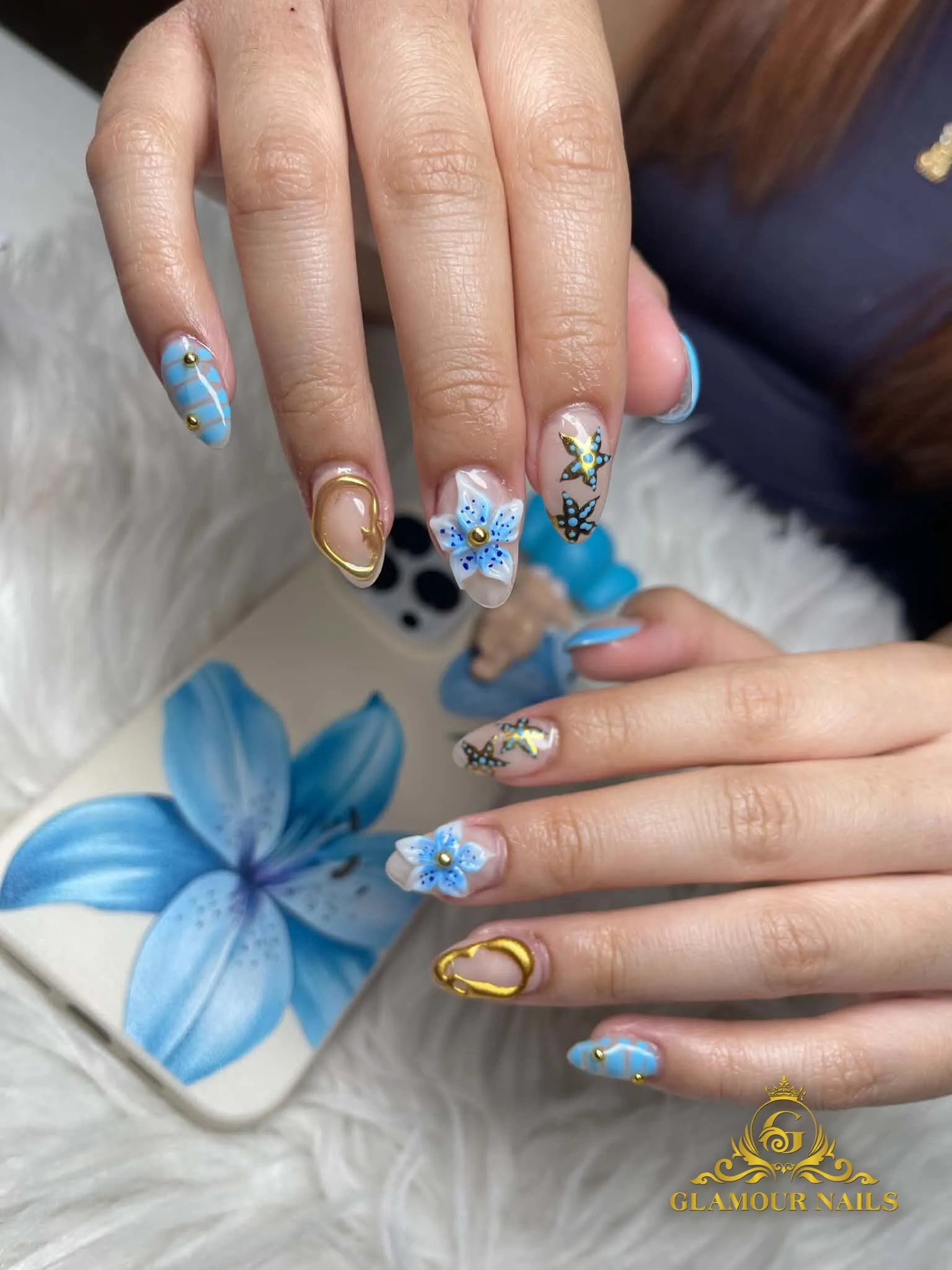 Pastel blue flowers with gold detail