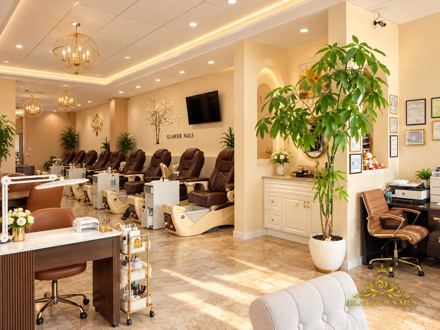Glamour Nails salon with manicure tables and spa pedicure chairs