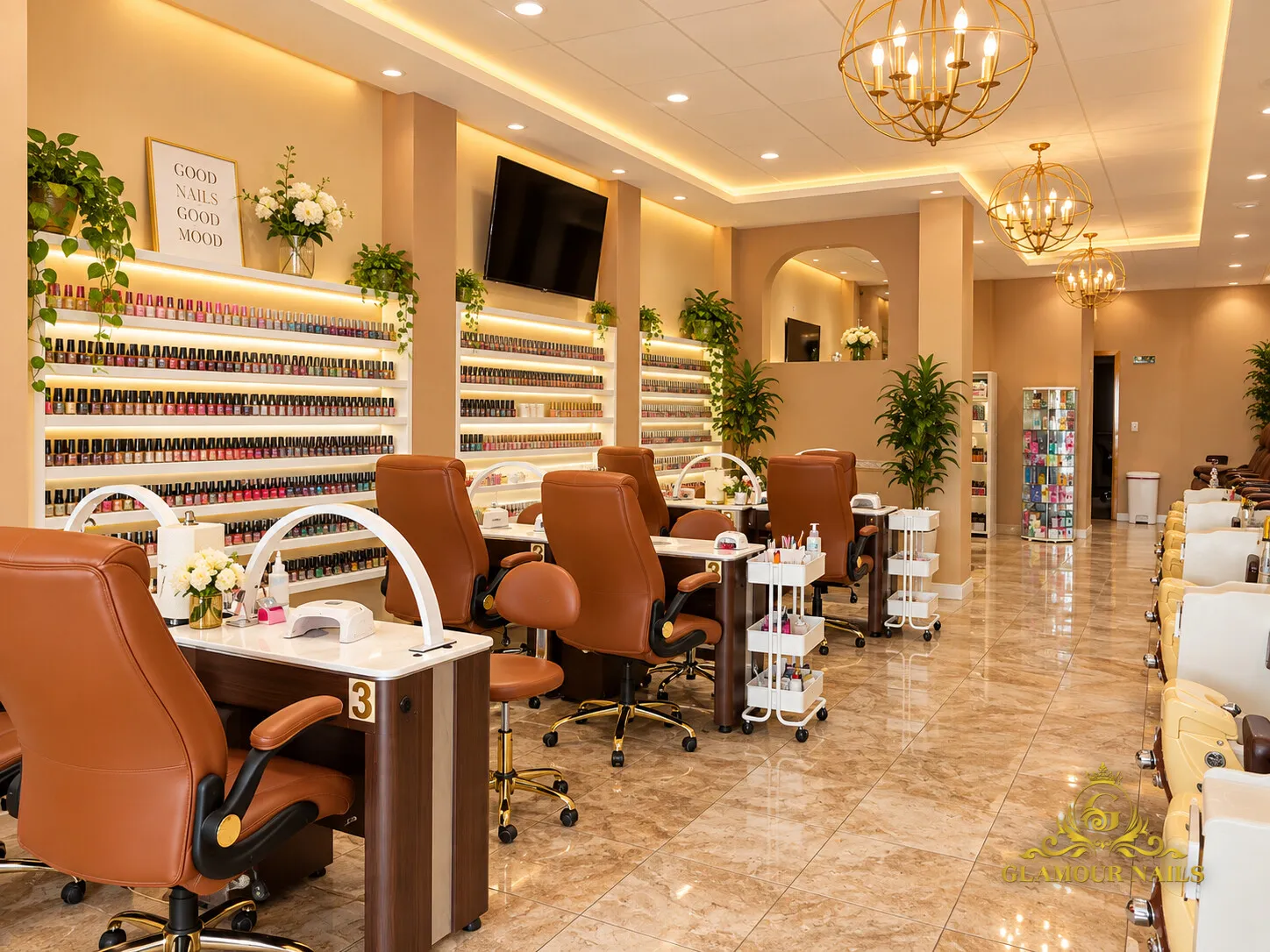 Manicure stations and nail polish wall