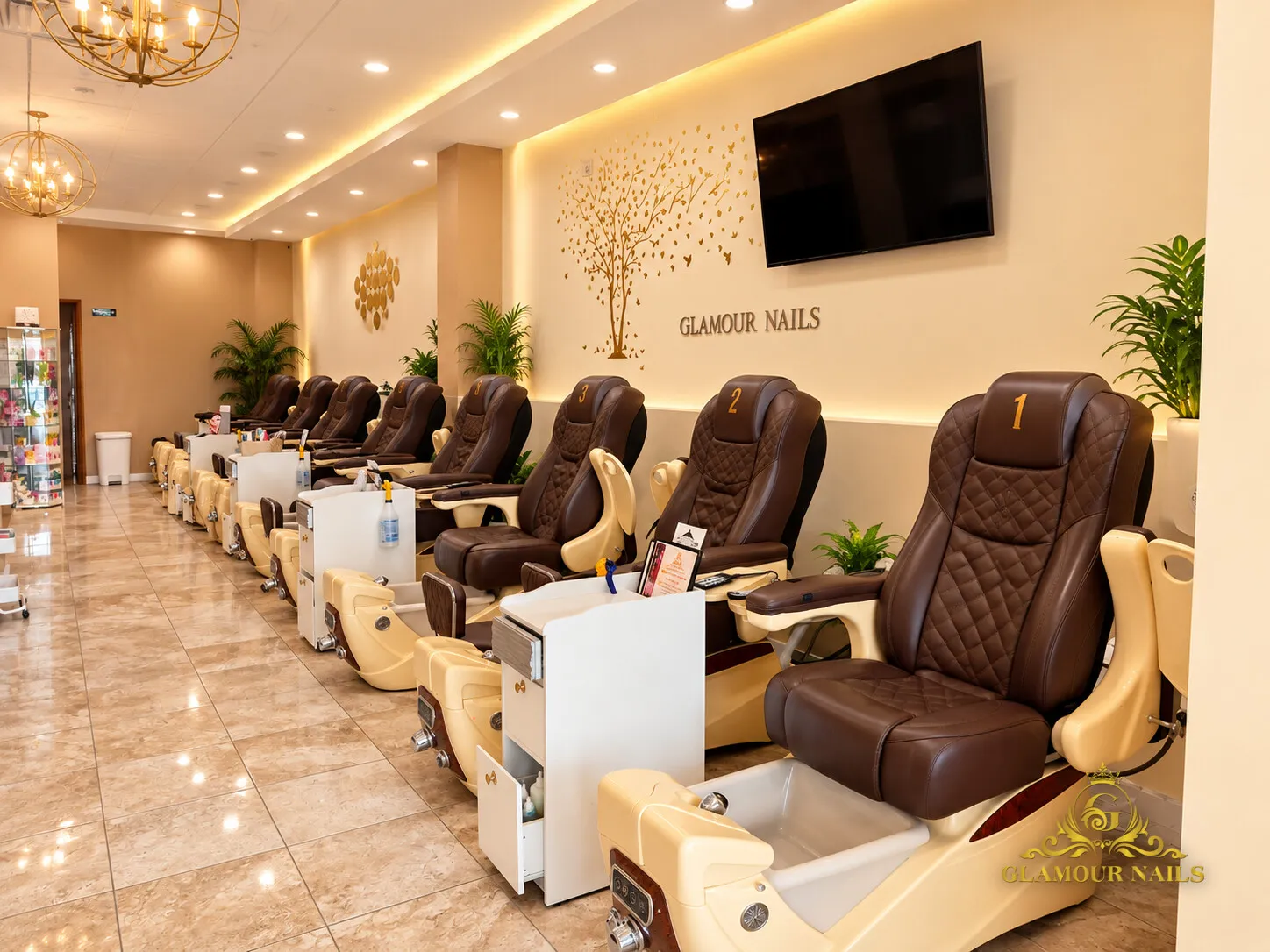 Row of spa pedicure chairs at Glamour Nails