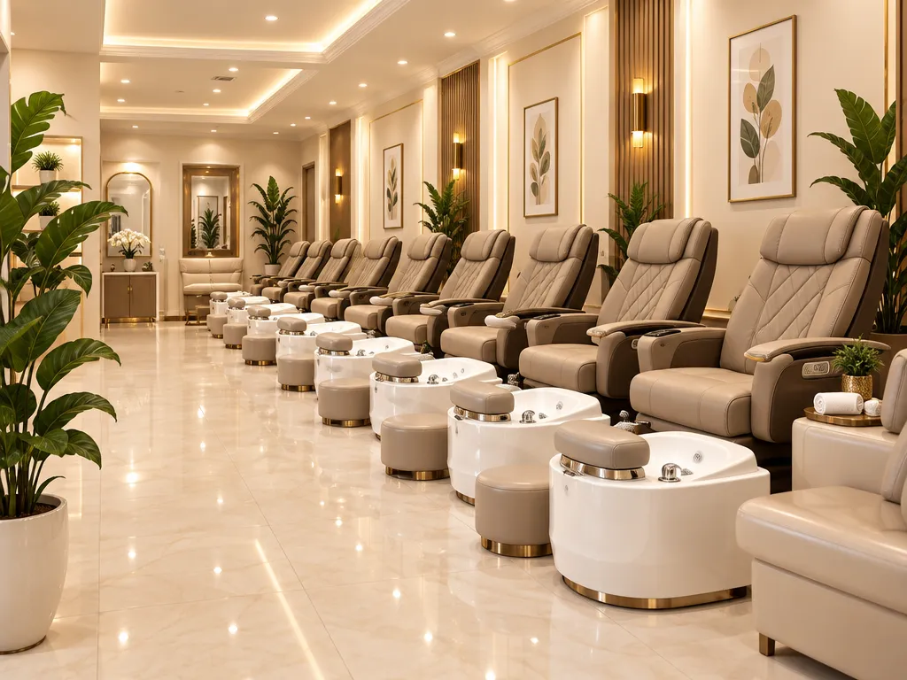 Glamour Nails salon interior with a row of cream pedicure chairs
