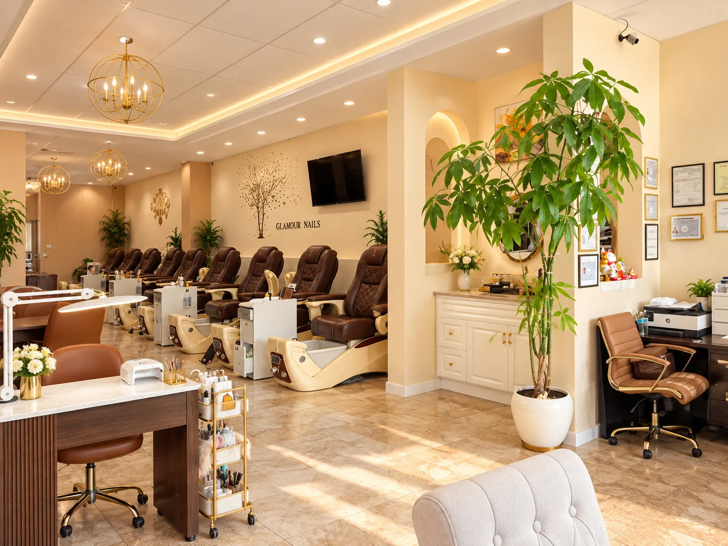 Inside Glamour Nails in Blasdell, NY: spa pedicure chairs, manicure stations and the Glamour Nails wall sign